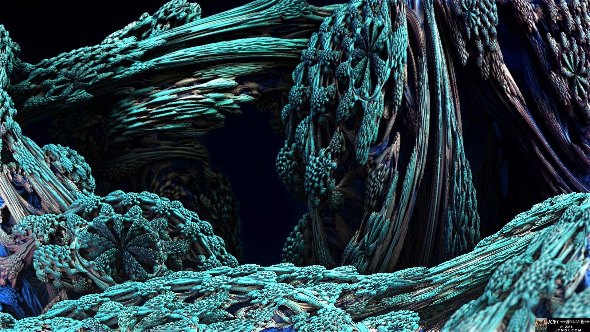 Still image from the JCMDI video Blue Coral on YouTube, rendered with Mandelbulb 3D